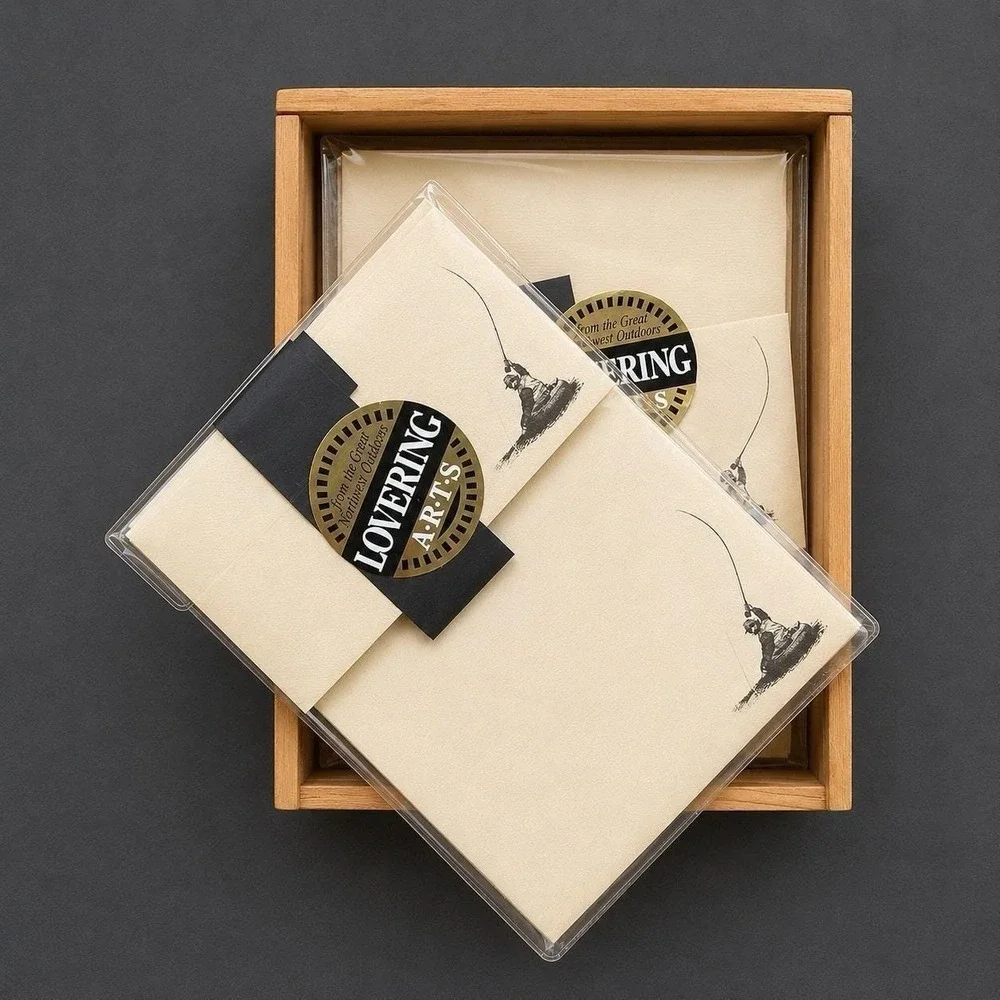Vintage Lovering ARTS‎ Fly Fishing Stationery Set Wood Slide Top Box